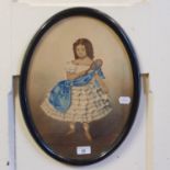 Victorian school, a young girl holding a small bat and wearing a blue sash, watercolour, oval, 39