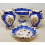 A 19th century Staffordshire service, blue ground, painted with flowers, highlighted in gilt,