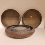 A set of three Japanese bronze censors, 30 cm diameter, and another similar, 20 cm diameter (4)