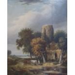 English school, 19th century, landscape with a ruin, figures and cattle, oil on board, 37 x 28 cm