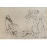 After Edmund Blampied, The Sick Man, lithograph, 15 x 24 cm and a print of founder of St Clare