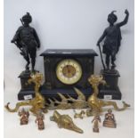 An early 20th century polished slate mantel clock, two spelter figures, and various brassware (qty)