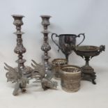 A pair of 19th century silver plated candlesticks and other silver plate (3 boxes)