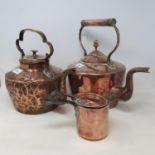 Three 19th century copper kettles, an oval copper pot and other metalwares