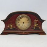 A 1920's mantel clock, with Arabic numerals, in a red lacquer case with Chinoiserie style