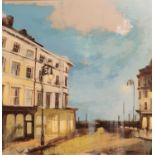 Camilla Dowse (British, 20th century), Open Late Study, coastal town scene, oil on board, signed