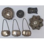 Three modern decanter labels, a silver vesta, two silver bon bon dishes, and assorted plated