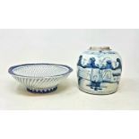 A Chinese blue and white ginger jar, lacking cover, 17 cm high, and a Japanese bowl, 23 cm