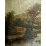 E Chester, English, rural landscape with thatched cottage beside a stream with arched foot bridge,