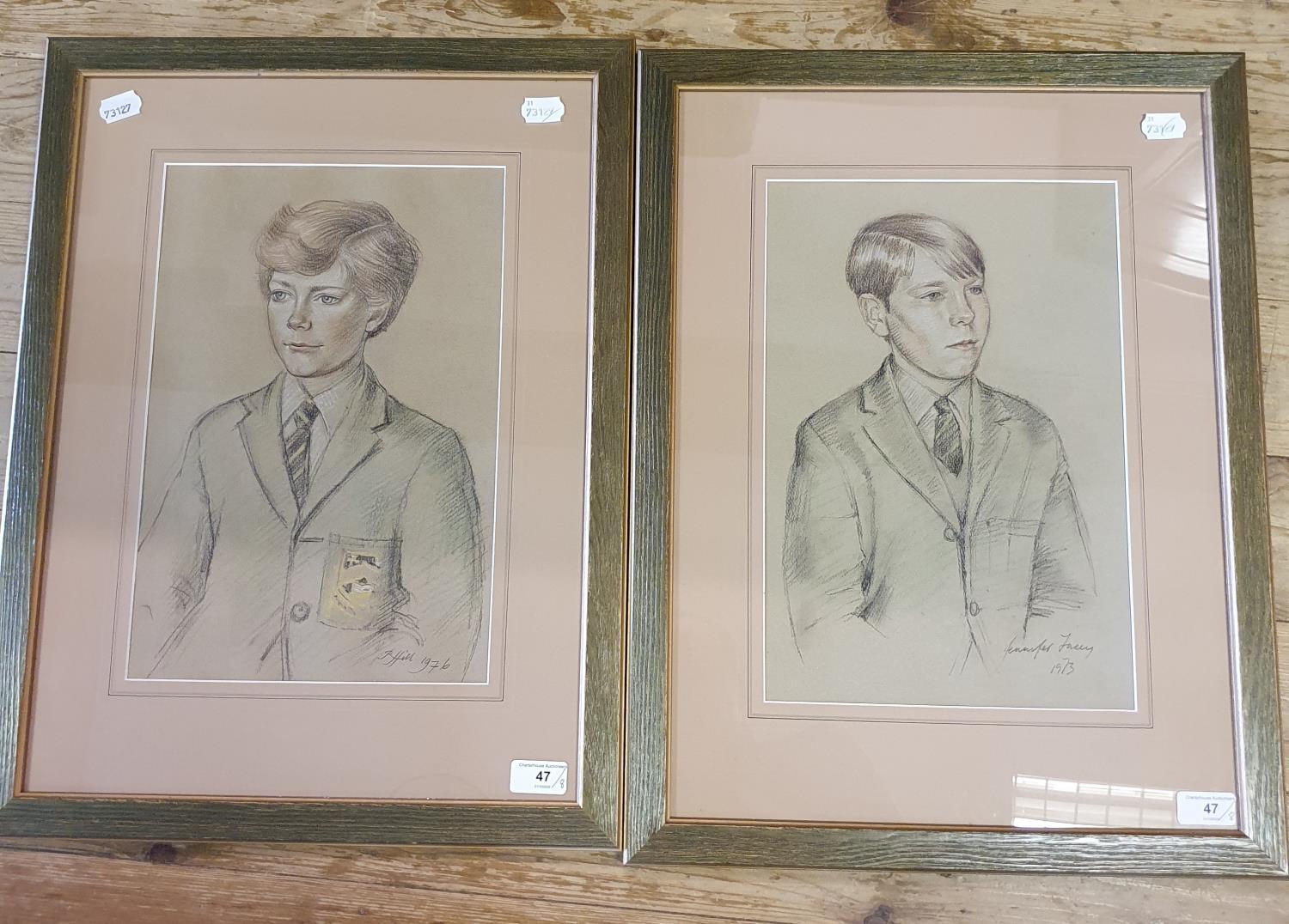 R Hill, portrait of a school boy, pastel, signed and dated, 1976, 38 x 25 cm, another, a pair of - Image 2 of 5