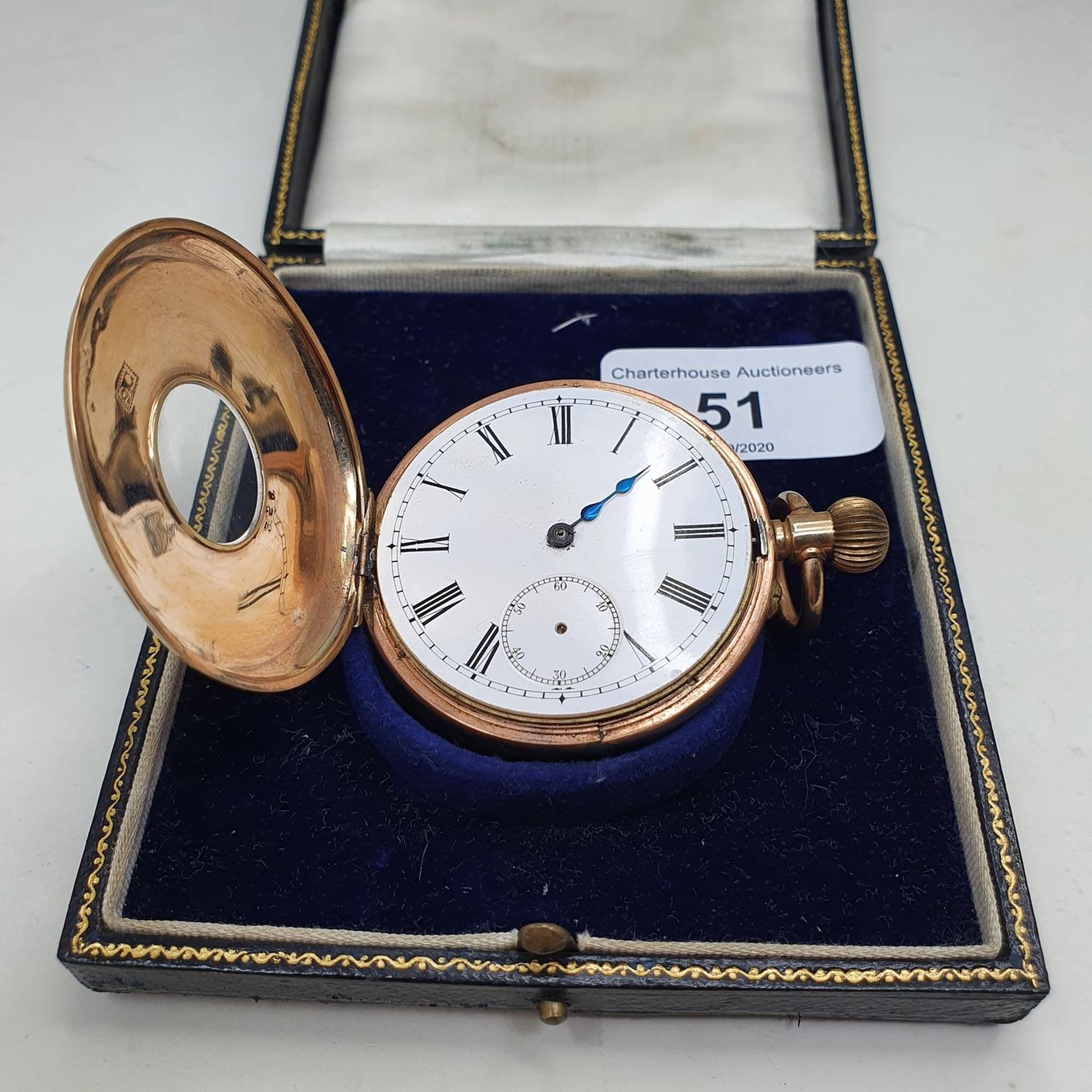 A 9ct gold half hunter pocket watch, the dust cap inscribed 'Presented to Eric J Williams BY THE AJS - Image 2 of 4