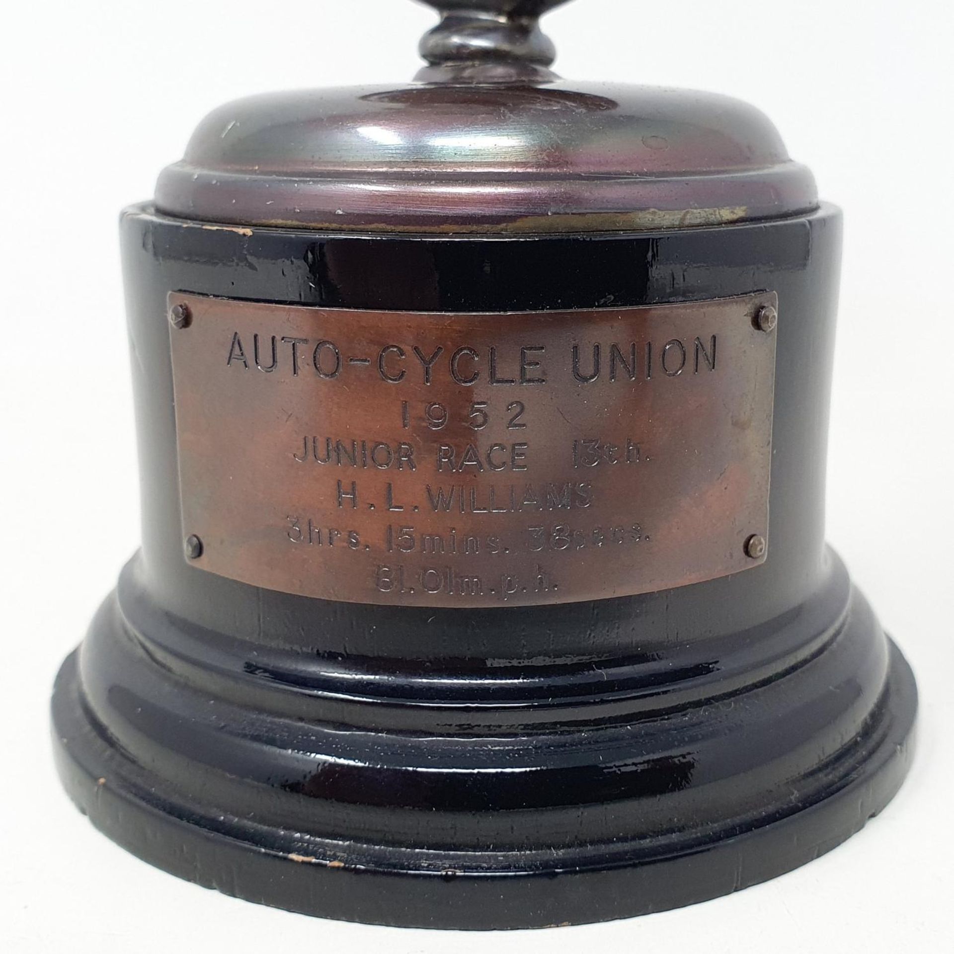 An Isle of Man TT bronze replica trophy, with applied plaque inscribed 'AUTO-CYCLE UNION 1952 JUNIOR - Image 2 of 3