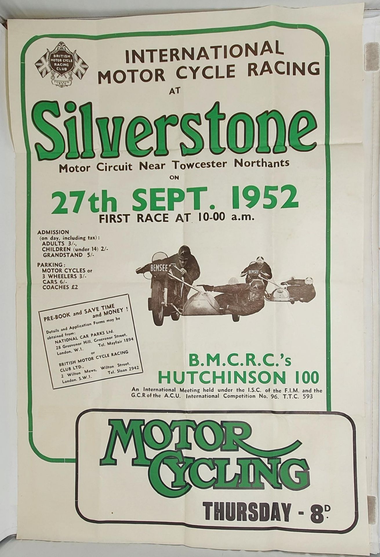 A British Motor Cycle Racing Club International Motor Cycle Race poster, Silverstone 27 September