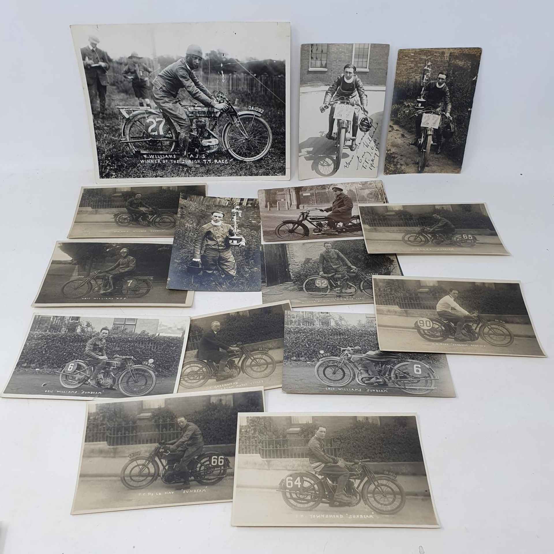 A monochrome photograph, E Williams AJS Winner of the Junior TT Race, 16 x 21 cm, a photographic
