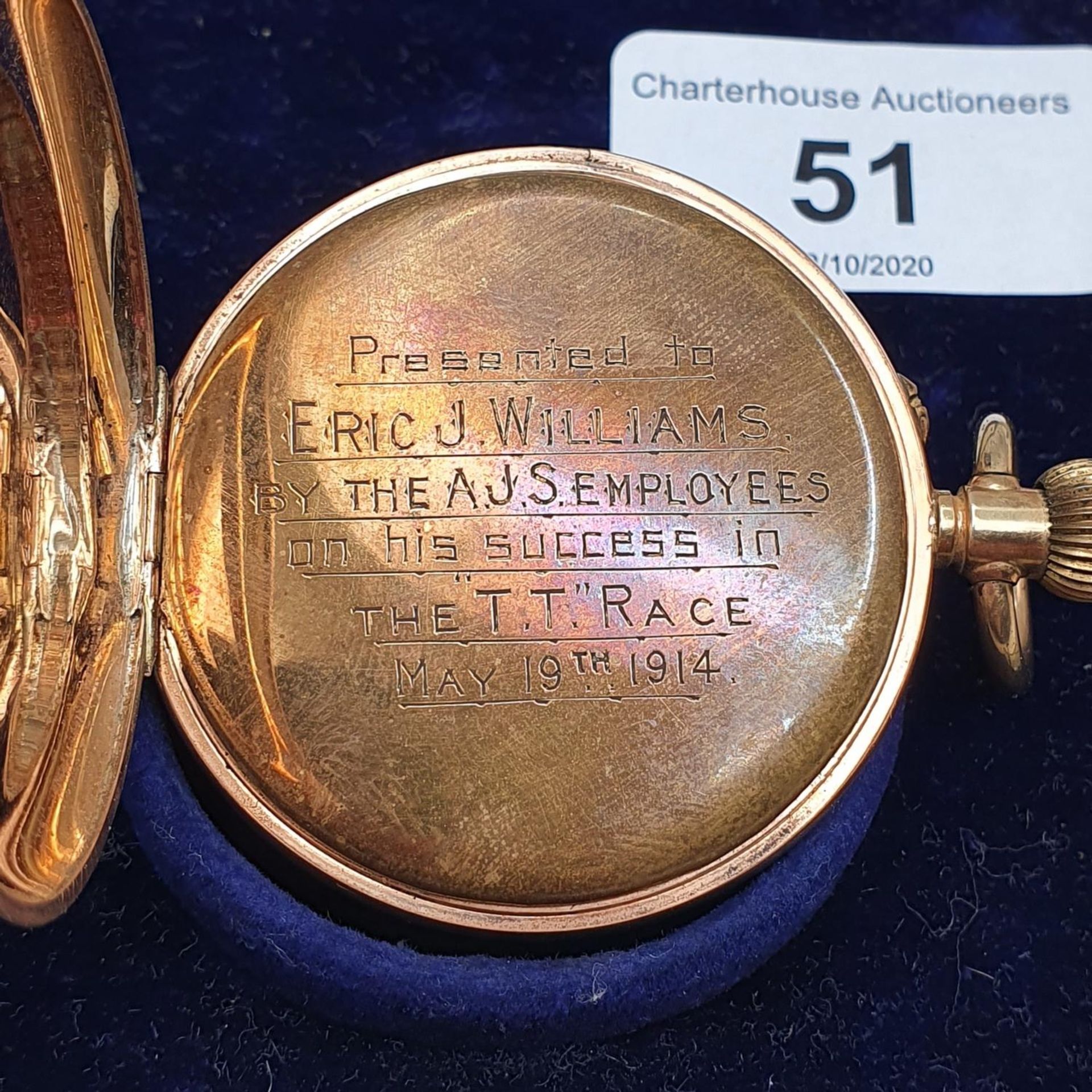 A 9ct gold half hunter pocket watch, the dust cap inscribed 'Presented to Eric J Williams BY THE AJS - Image 3 of 4