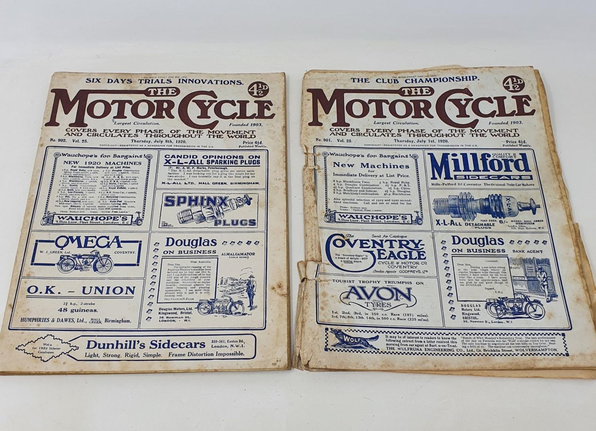 The Motor Cycle magazine, No. 901 Thursday July 1 1920, and another, No. 902 Thursday July 8 1920 (