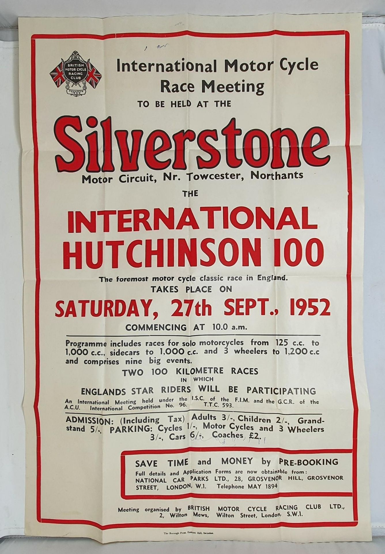 A British Motor Cycle Racing Club poster, International Motor Cycle Race Meeting to be held at the