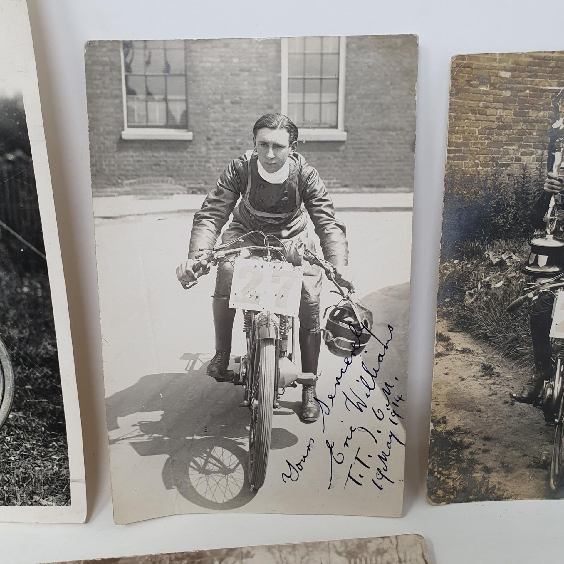 A monochrome photograph, E Williams AJS Winner of the Junior TT Race, 16 x 21 cm, a photographic - Image 2 of 2