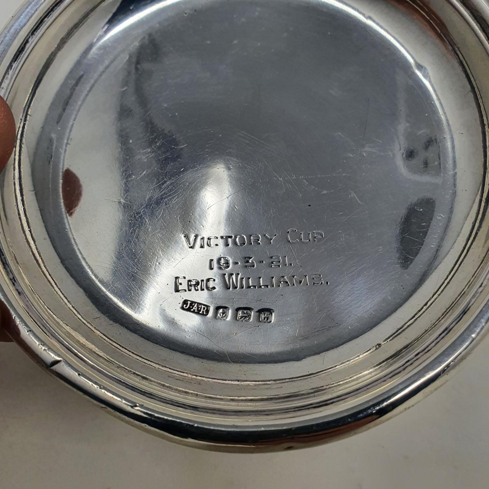 A silver coaster, Victory Cup 19-3-21 Eric Williams, Birmingham 1921, approx. 2.5 ozt, 11 cm - Image 2 of 2