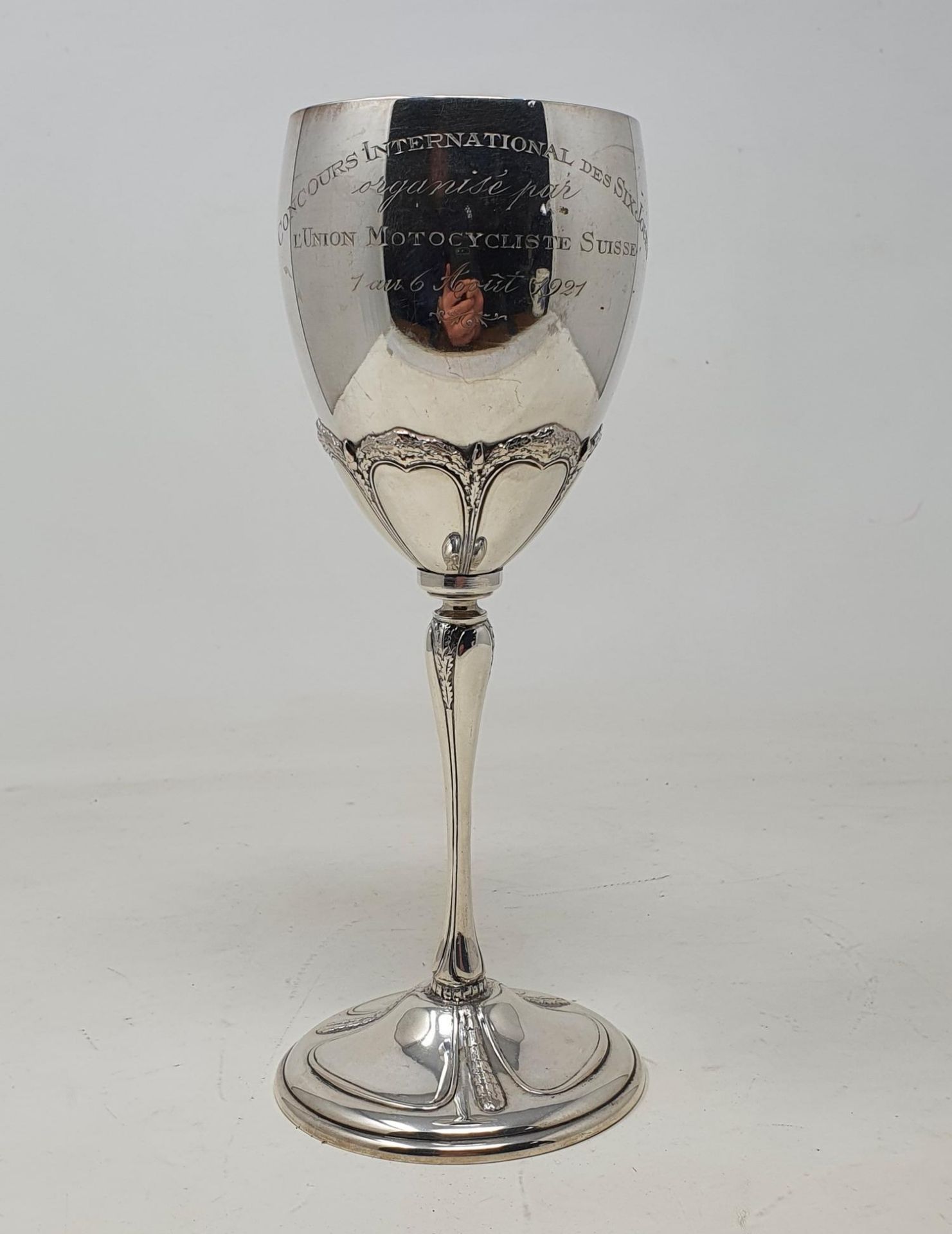 A silver coloured metal goblet, inscribed 'Concours International Day 6 Jours Organise par L'Union