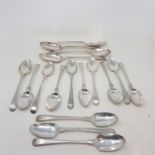Set of four George II silver old English and featheredge pattern table spoons, and thirteen