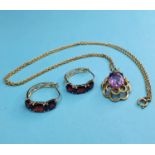 A pair of 9ct gold and garnet earrings, and a 9ct gold and amethyst pendant, with a chain
