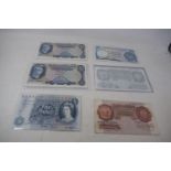 A Britannia £5 banknote, C97 724496, another, H19 708490, two other £5 banknotes, 28 £1 banknotes,