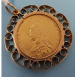 A Queen Victoria sovereign, 1894, in a 9ct gold pendant mount 11.8g all in