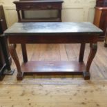 A 19th century mahogany console table, the marble top on scroll legs and lion paw feet, on a