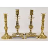 A pair of 19th century brass candlesticks, 28 cm high and another pair (4)