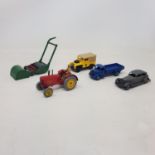 A Dinky Toys Austin Taxi, 16 other Dinky toy cars and a lawnmower, play worn (18)