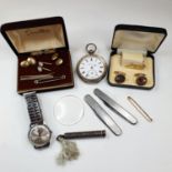 A silver open face pocket watch, a silver pencil, a pair of gold plated cufflinks, and other