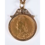 A Queen Victoria sovereign, 1892, mounted as a pendant, on a 9ct chain, 15.9 g (all in) Unmarked