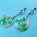 A pair of Art Deco pearl and jade earrings