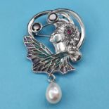 A modern silver plique-a-jour flora brooch/pendant, with suspended pearl
