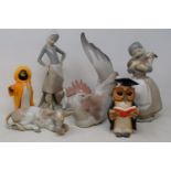 A Lladro figure of a chicken, 26 cm high, three other Lladro figures, five modern Beswick figures, a