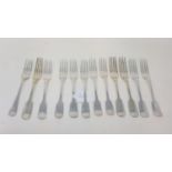 A matched set of twelve silver fiddle pattern dessert forks, initialled, various dates and makers,