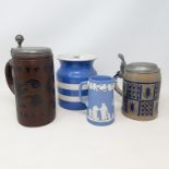 A stoneware bottle, two German steins, Wedgwood jasperware, and various ceramics (3 boxes) The