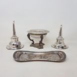 Two 19th century silver plated wine funnels, a silver plated snuffers tray, and a Victorian plated