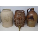 A 19th century salt glazed jug 36 cm, a 19th century stoneware barrel, decorated with heraldic