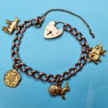 A 9ct rose gold bracelet with four yellow metal charms, a pig, a rabbit, a rose and a cow, 14 g (all