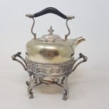 A silver plated kettle, stand and burner, a swing handle basket, and other items (box)