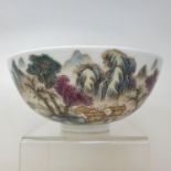 A Chinese porcelain bowl, decorated a mountainous landscape with figures and buildings, six