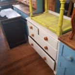 A painted tile topped side table, 89 cm, a pair of mahogany chairs, a painted chest of drawers,