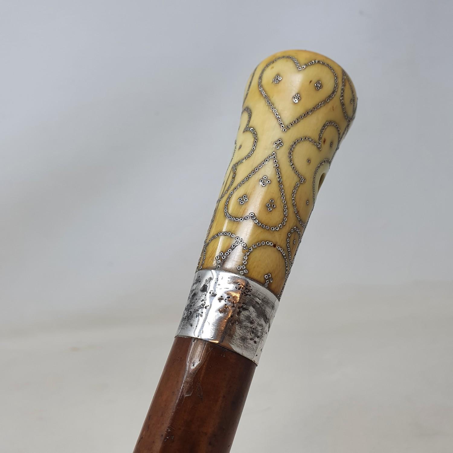 A late 17th/early 18th century walking stick, with a carved ivory pique decorated handle, on a - Image 5 of 8