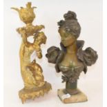 A 19th century ormolu mount, in the form of a cherub and a dolphin holding a shell, 30 cm, and a