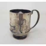 A silver christening mug, decorated animals and figures, initialled and dated 1913, Birmingham 1908,
