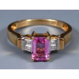 An 18ct gold, pink sapphire and diamond ring, ring size approx. A Report by JS Emerald cut pink