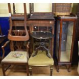 A mahogany display cabinet, another, three chairs, two side tables, and a basket (8)