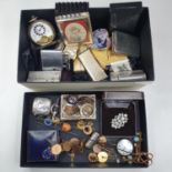 A 19th century white metal pocket watch, a silver vesta, various lighters, costume jewellery and